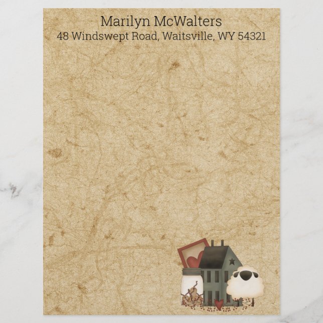 Country Prim Folk Art Green Saltbox, Sheep  Custom Letterhead (Front)