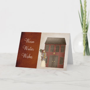 Country Prim Snowman & Saltbox House Design Holiday Card