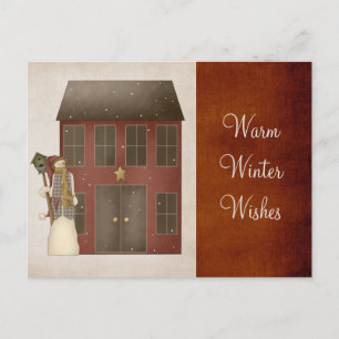 Country Prim Snowman & Saltbox House Design Holiday Postcard