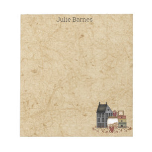 Country Primitive Folk Art Blue Saltbox Home Notepad