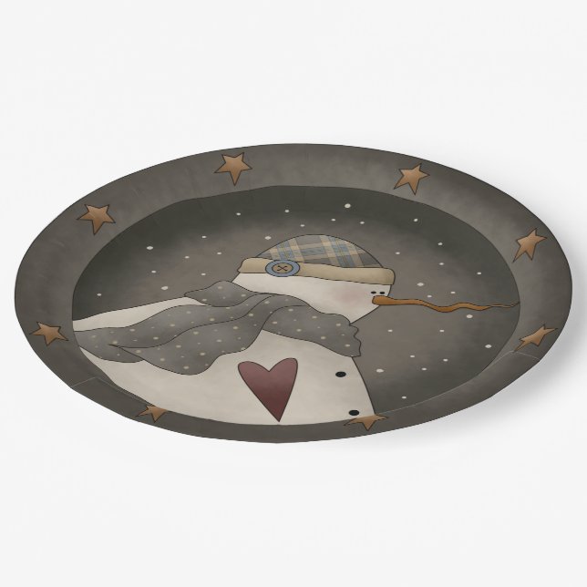 Country Primitive Snowman Paper Plate (Angled)