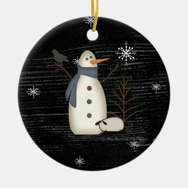 Country Primitive Snowman & Snowflakes Ornament (Front)