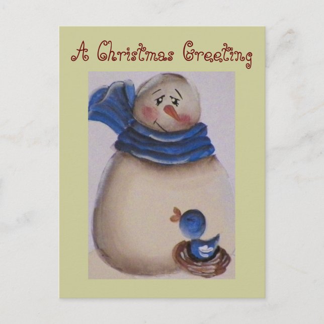 Country Primitive Snowman with Blue Bird Holiday Postcard (Front)