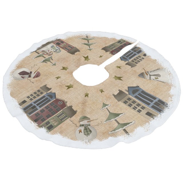Country Primitive Village and Snowmen Faux Linen Tree Skirt (Angled)