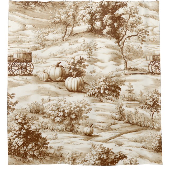 Country Pumpkin Toile in Warm Sepia Pattern Shower Curtain (Front)