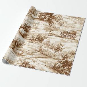 Country Pumpkin Toile in Warm Sepia Pattern Wrapping Paper