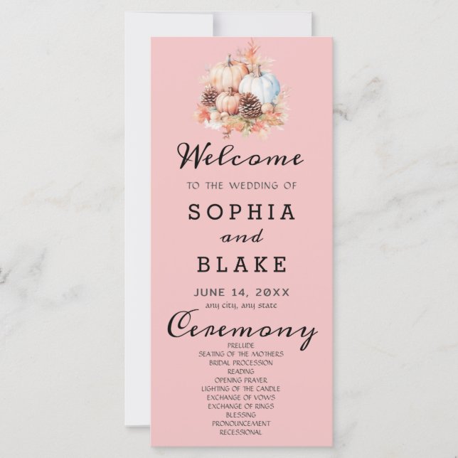 Country Pumpkins Fall Baby Pink Wedding Program (Front)