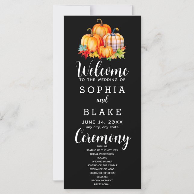 Country Pumpkins Plaid Fall Black Wedding Program (Front)