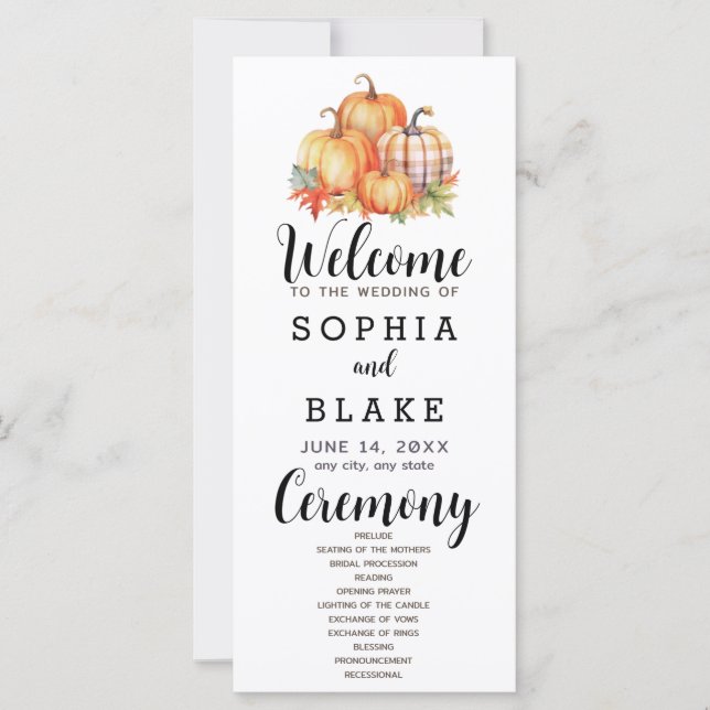 Country Pumpkins Plaid Fall White Wedding Program (Front)