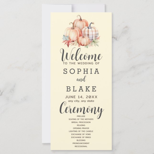 Country Pumpkins Plaid Fall Yellow Wedding Program (Front)