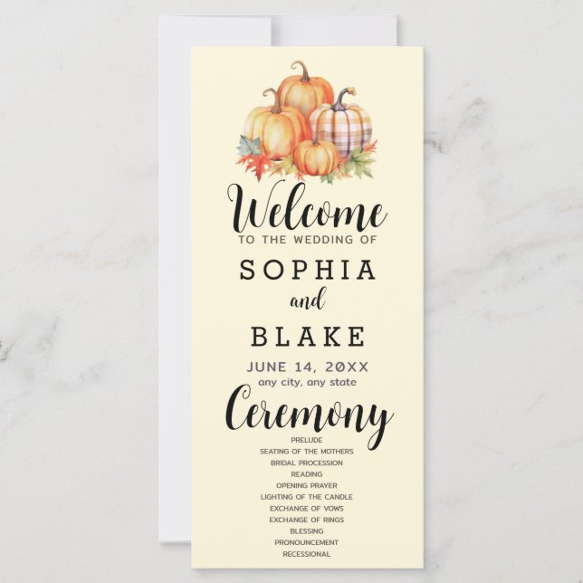 Country Pumpkins Plaid Fall Yellow Wedding Program (Front)