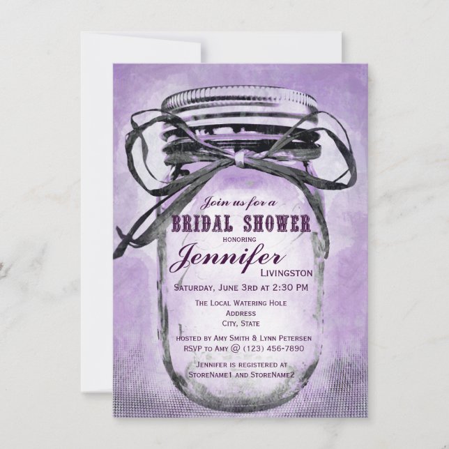 Country Purple Mason Jar Bridal Shower Invitations (Front)