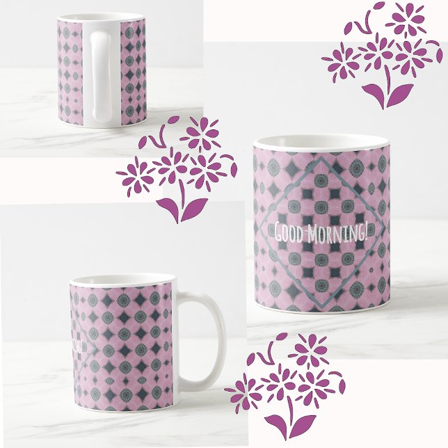 Country Purple Pattern Shapes Custom Text Coffee Mug (Country Shapes Pattern with diagonal highlight and personalized text)