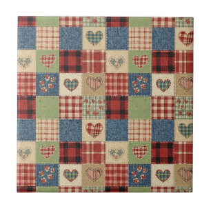 Country Quilt Heart Patchwork Red Blue Tile