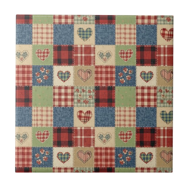 Country Quilt Heart Patchwork Red Blue Tile (Front)