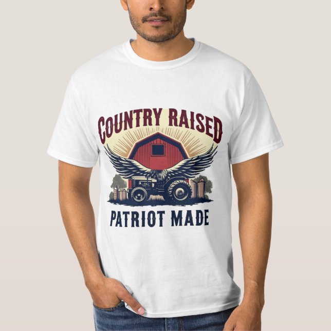 Country Raised Patriot Made Barn & Tractor with Wi T-Shirt (Front)