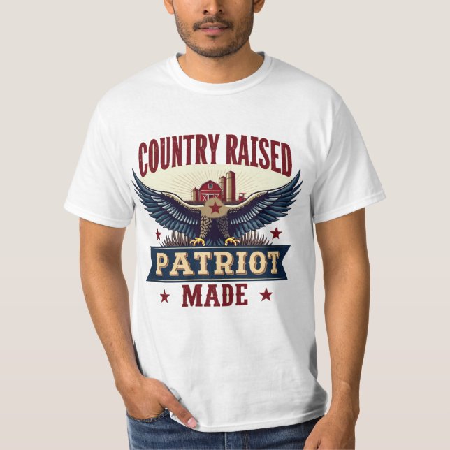 Country Raised Patriot Made Eagle with Barn and Tr T-Shirt (Front)