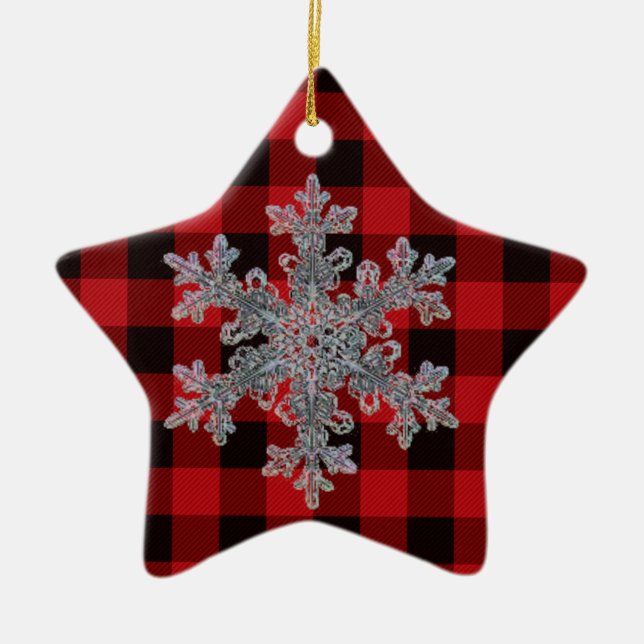 Country red and black plaid -snowflake ceramic tree decoration (Front)