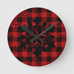 Country red and black plaid -snowflake round clock