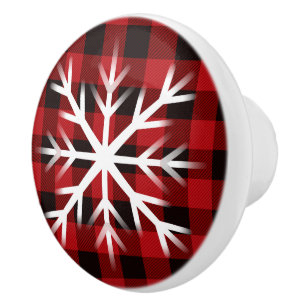 Country red and black plaid with snowflake ceramic knob