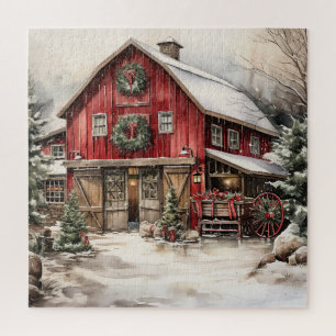 Country Red Barn In Winter Jigsaw Puzzle