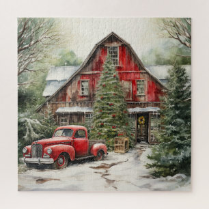 Country Red Barn In Winter Jigsaw Puzzle