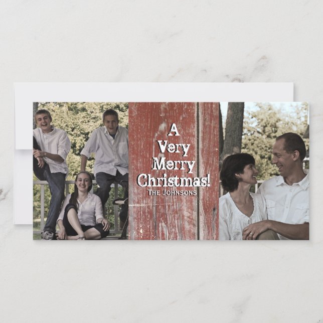 Country Red Barn Two Photo Christmas Card (Front)