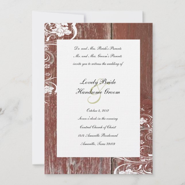 Country Red Barn Wood Wedding Invitation (Front)