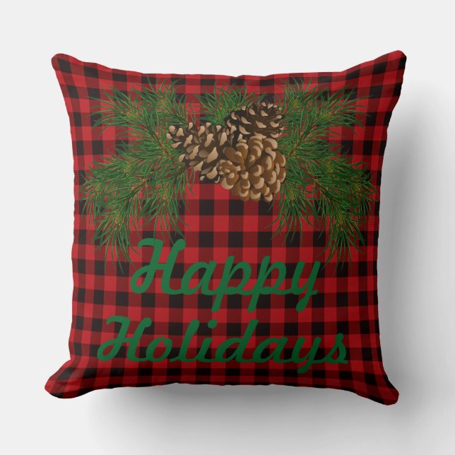 Country red, black buffalo plaid, pinecone cushion (Front)