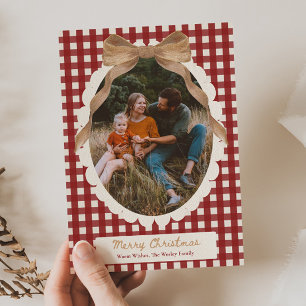 Country Red Gingham Bow Photo Christmas Card