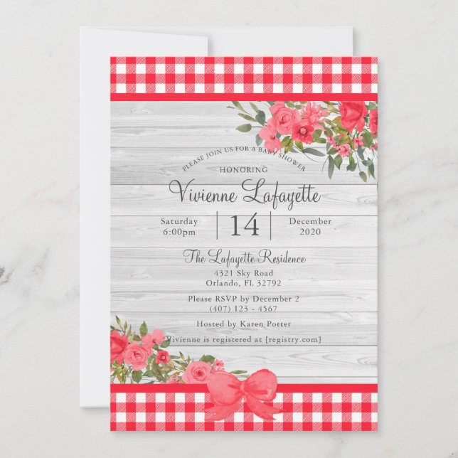 Country Red Gingham Floral Baby Shower Invitation (Front)