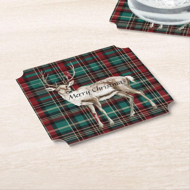 Country Red Green Plaid Christmas Deer Paper Coaster (Angled)
