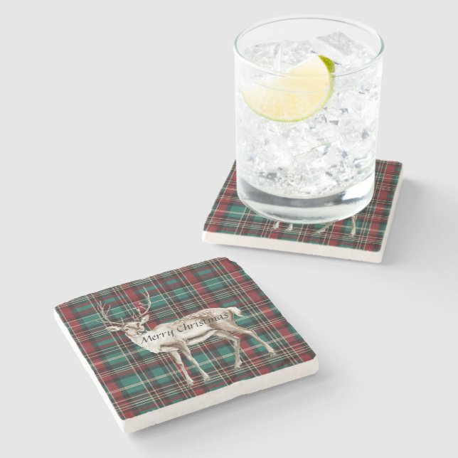 Country Red Green Plaid Christmas Deer Stone Coaster (Side)