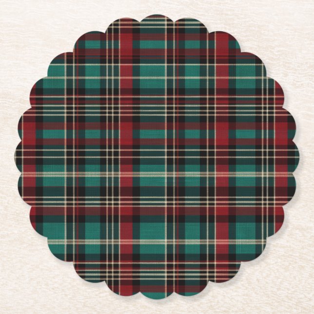 Country Red Green Plaid Christmas Paper Coaster (Front)