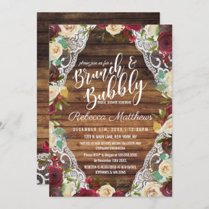 Country Red Ivory Floral Lace Wood Brunch Bubbly Invitation