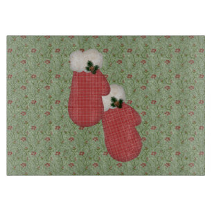 Country Red Mittens Glass Cutting Board