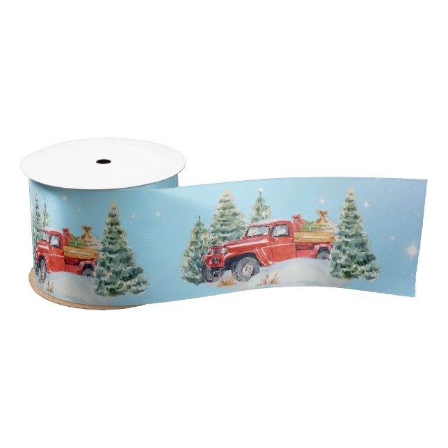 Country Red Truck in Snow Carrying Gifts Satin Ribbon (Spool)