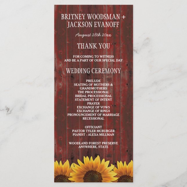 Country Red Wood Rustic Sunflower Wedding Programs Programme (Front)