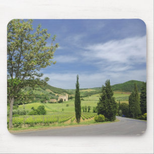 Country road curving between cypress trees in mouse mat