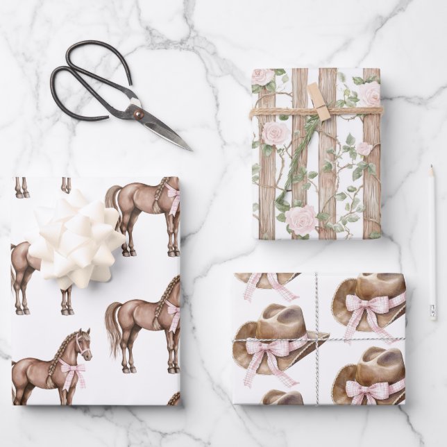 Country Road Horse Cowgirl Hat Birthday Wrapping Paper Sheet (Front)