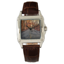 Country Road in Fall Brown Leather Watch