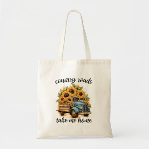 Country road take me home sunflowers tote bag