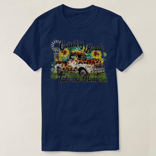 Country Roads Leopard Truck Sunflower Windmill Wes T-Shirt (Design Front)