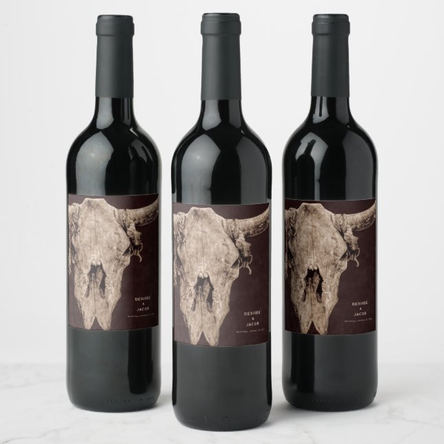 Country Rodeo Western Brown Bull Skull Wine Label (Bottles)