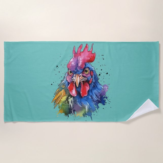 Country Rooster Chicken Watercolor Style Beach Towel (Front)