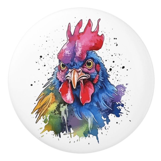 Country Rooster Chicken Watercolor Style Ceramic Knob (Front)