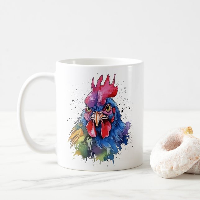 Country Rooster Chicken Watercolor Style Coffee Mug (With Donut)