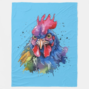 Country Rooster Chicken Watercolor Style Fleece Blanket