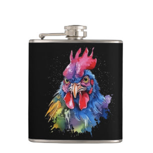 Country Rooster Chicken Watercolor Style Hip Flask