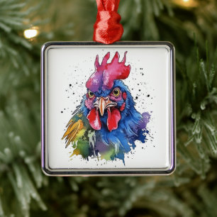 Country Rooster Chicken Watercolor Style Metal Tree Decoration